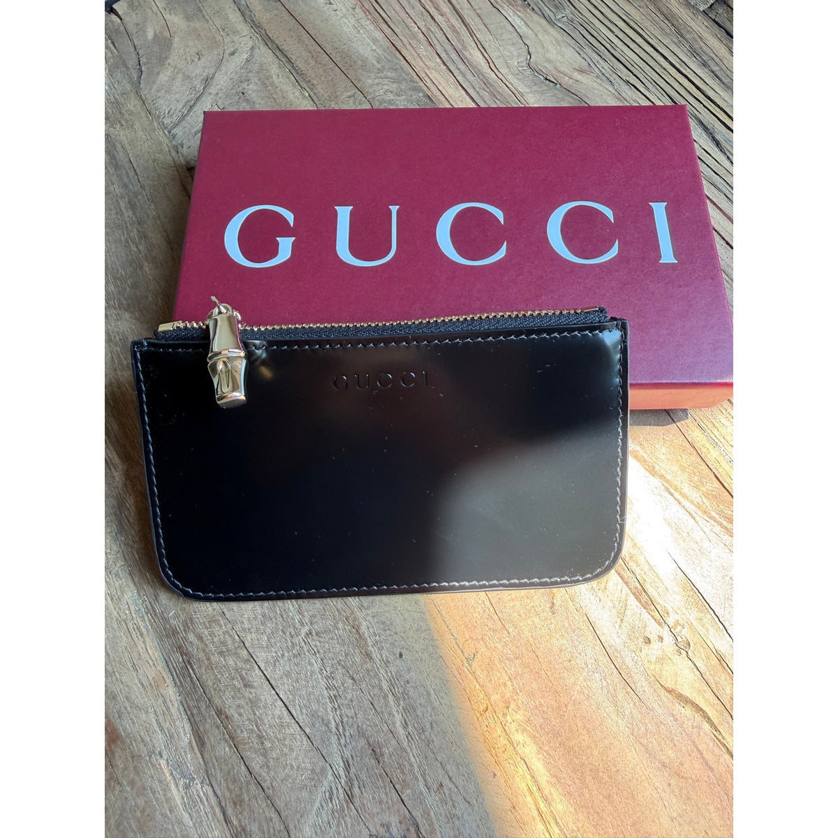 Gucci Bamboo Card Case Black Leather Zip Card Holder Wallet BNIB