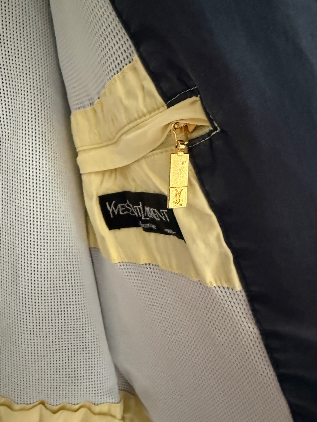 Yves Saint Laurent Vintage 90s Chino Blue YSL Logo Utility Windbreaker Jacket Gold Hardware Size 100 Oversized