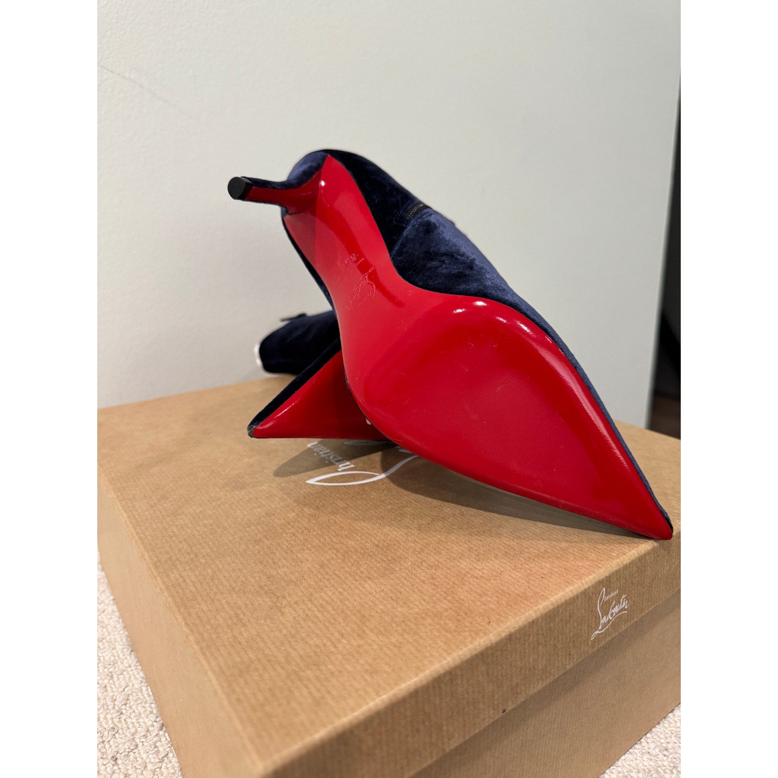 Christian Louboutin So Apostropha 80 Velvet Ankle Boots Marine Blue Size 38.5
