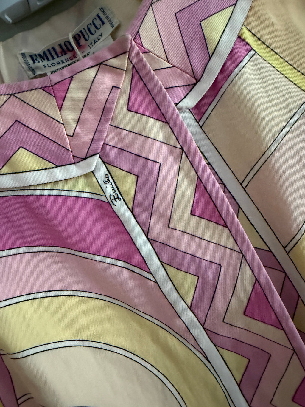 Emilio Pucci Cotton Poplin Sleeveless Tunic Top Pink Yellow Geometric Print Saks Fifth Avenue