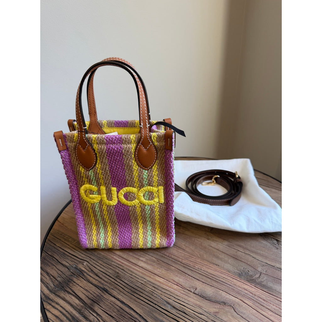 GUCCI Mini Jute Bag With Logo tote with crossbody strap NWT