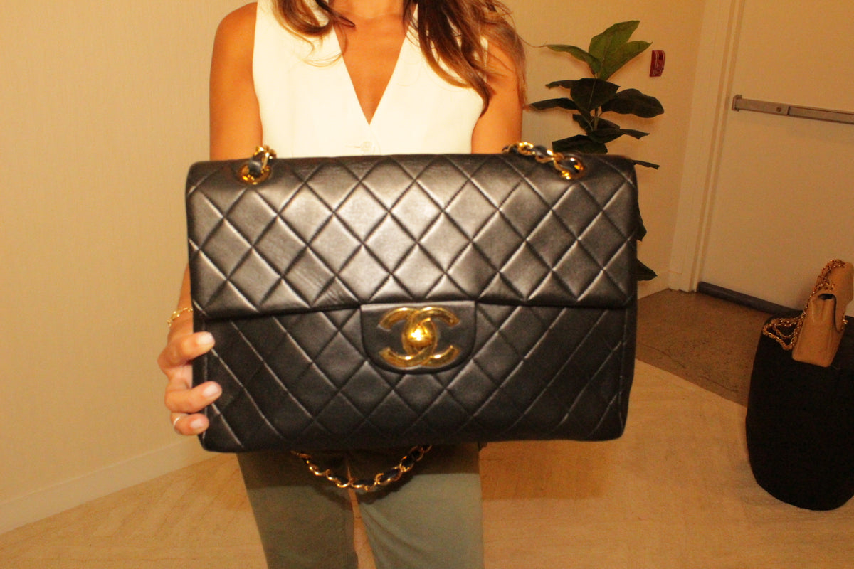 Chanel Maxi Flap Bag Black Quilted Leather 24K Gold Plated CC Vintage 1991-1994