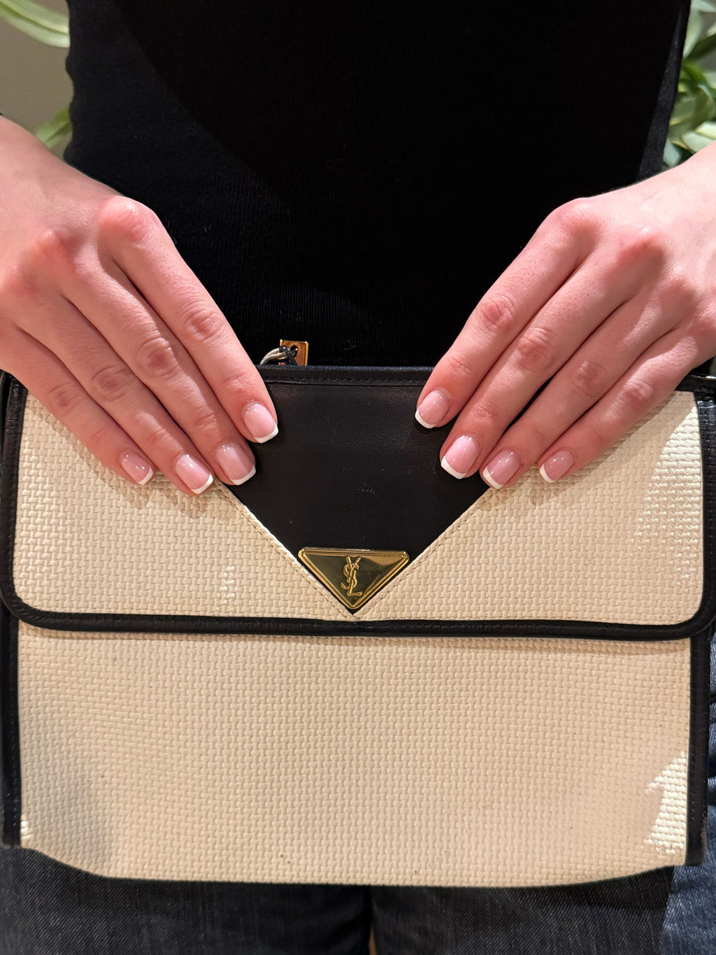 Yves Saint Laurent White & Navy YSL Logo PVC Clutch Bag