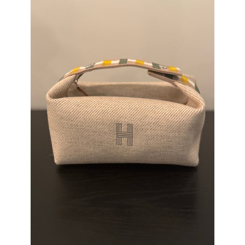 HERMES Wool Small Au Carre Bride-A-Brac Vanity Pouch Seigle Bag