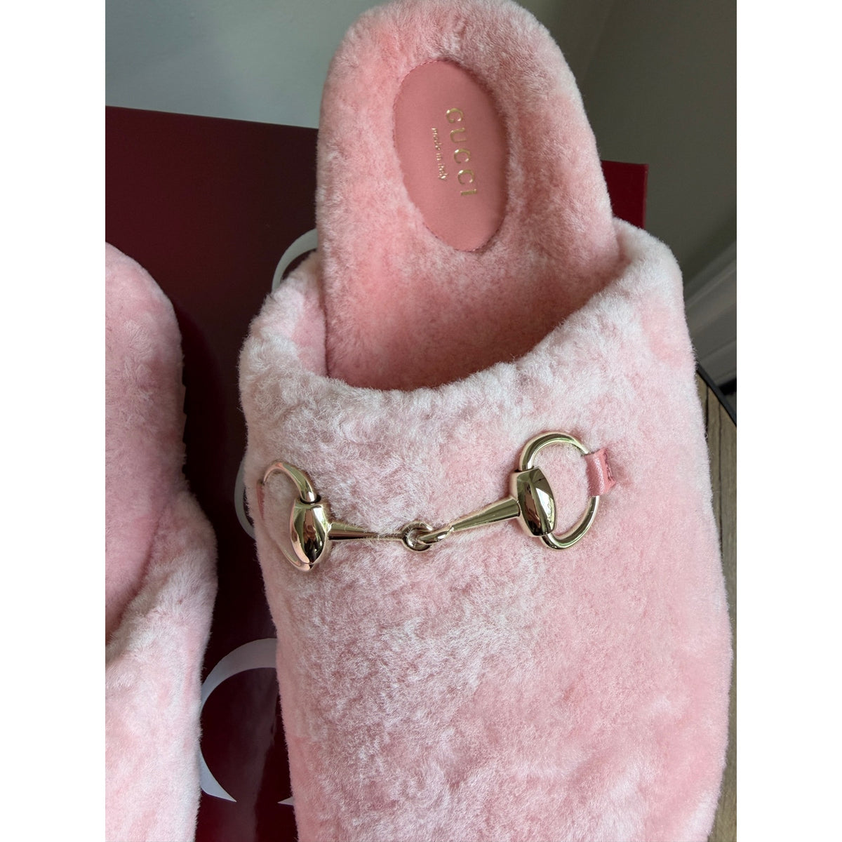 Gucci Horsebit Merino Wool Pink Mules Flat Slides Women’s Shoes Size 38