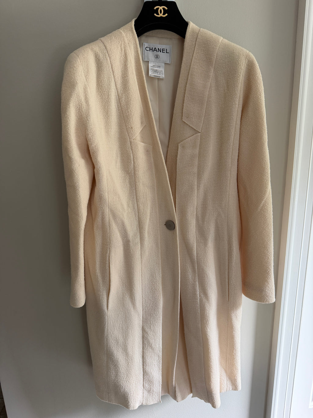 Chanel 1999 Tweed Cream Long Blazer Coat
