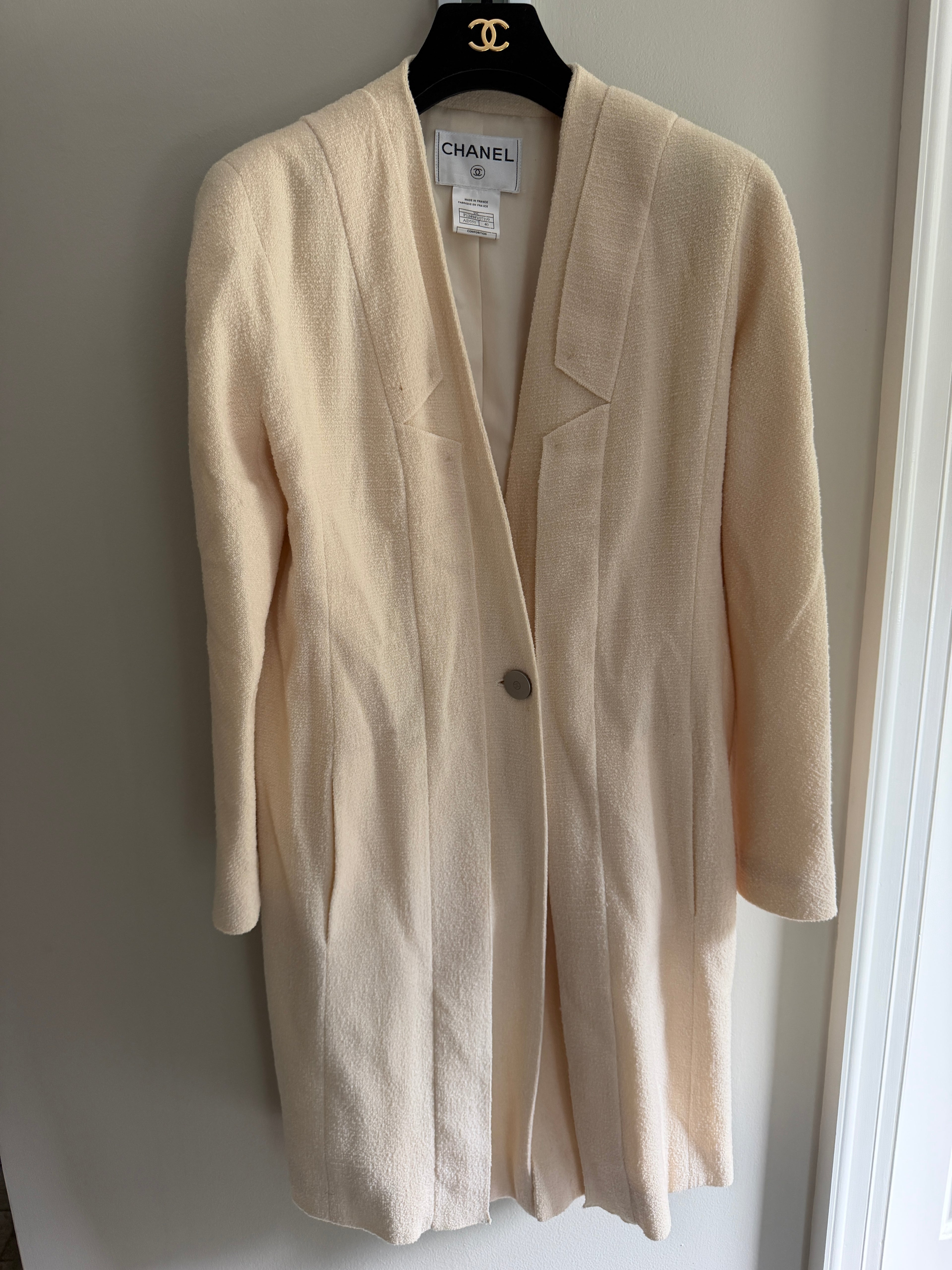 Chanel 1999 Tweed Cream Long Blazer Coat