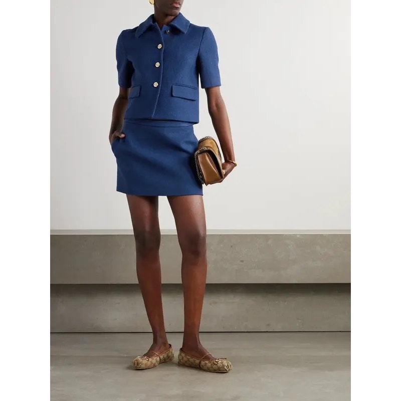 Gucci Blue Cotton Blend Tweed Mini Skirt | Gold Logo Button | IT 38