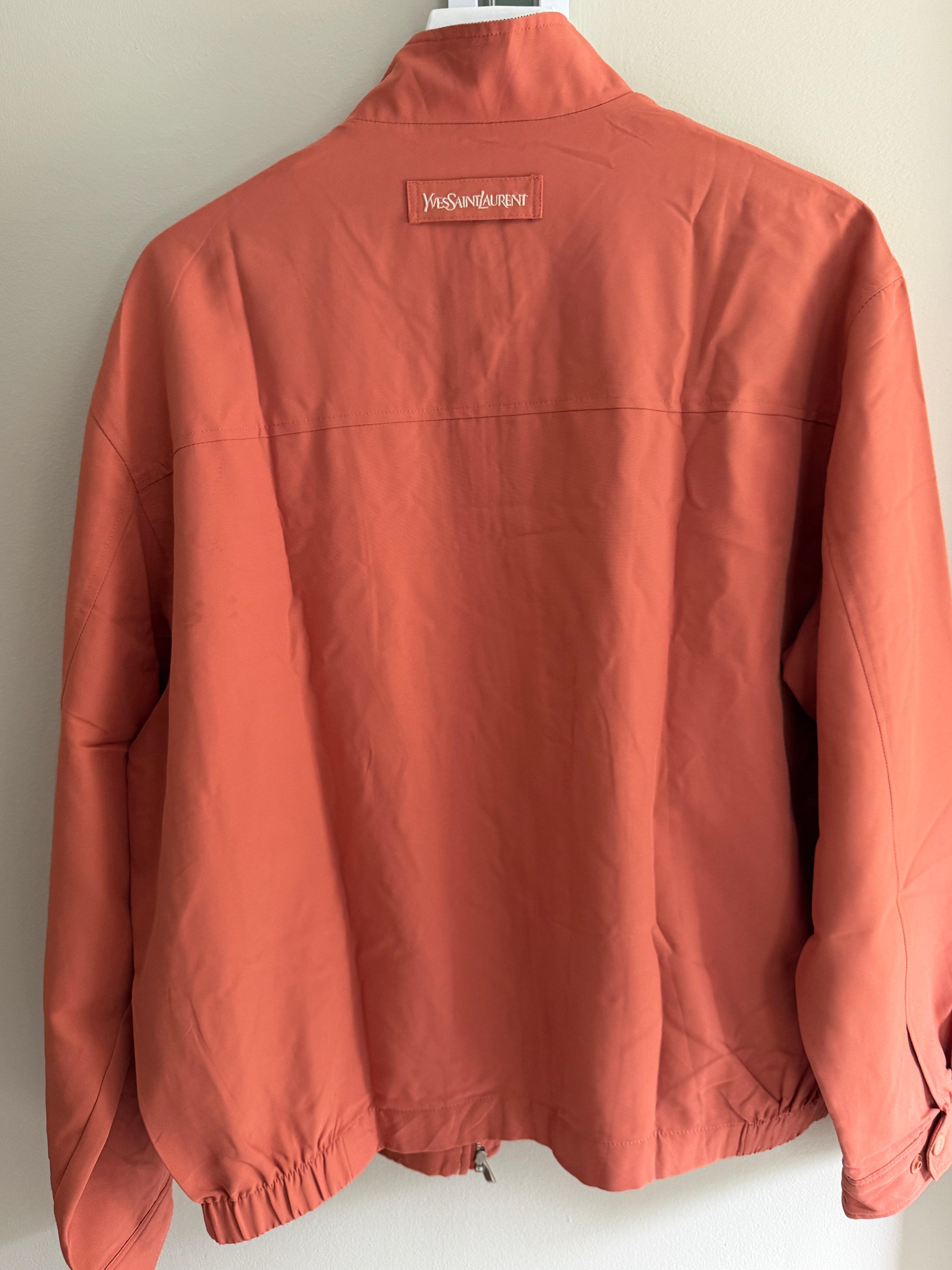Yves Saint Laurent Vintage 90s Salmon Coral YSL Logo Windbreaker Jacket White Logo Size 105 Oversized
