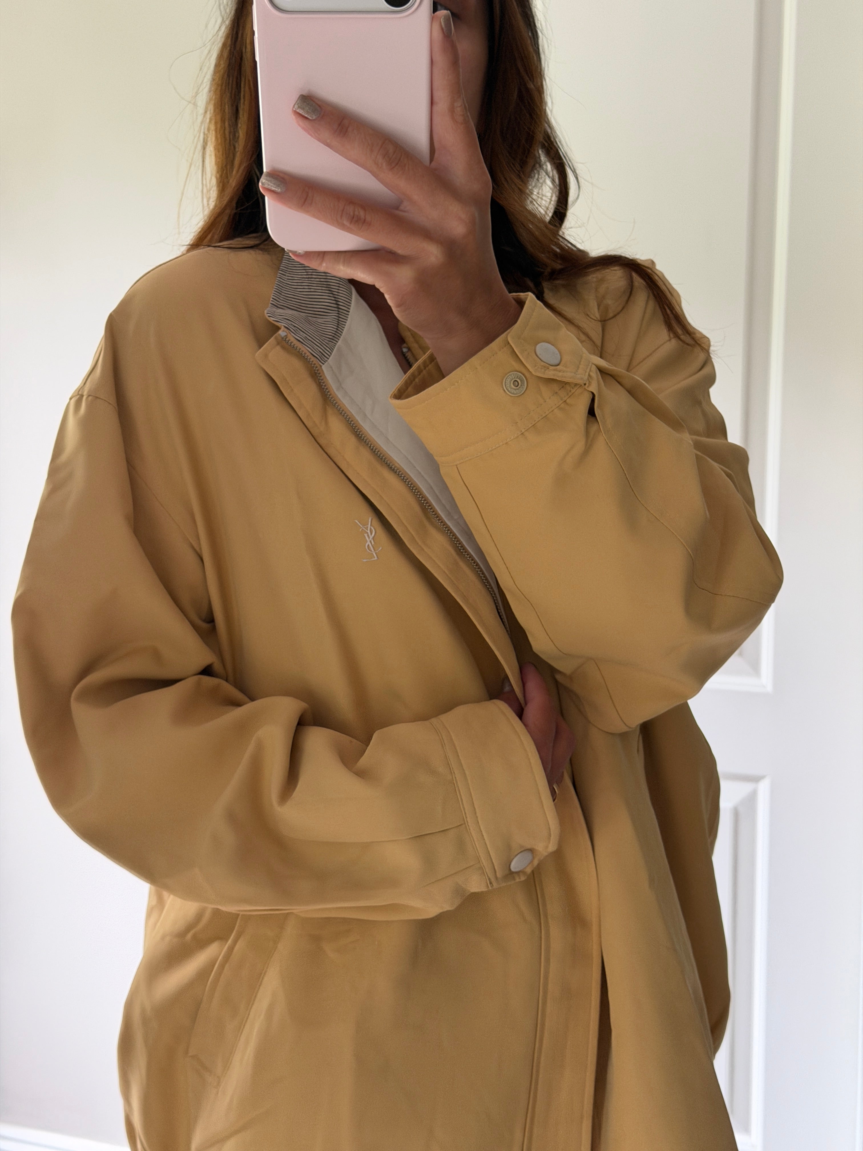 Yves Saint Laurent Vintage 90s Yellow YSL Logo Windbreaker Jacket White Logo Size 110 Oversized