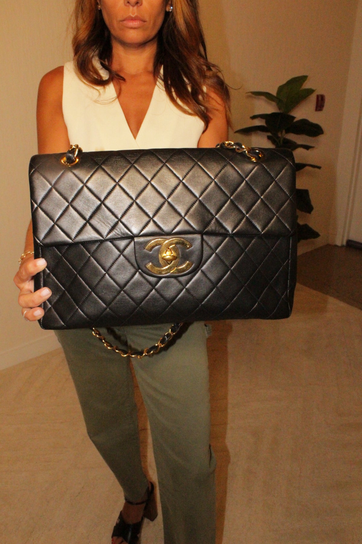 Chanel Maxi Flap Bag Black Quilted Leather 24K Gold Plated CC Vintage 1991-1994