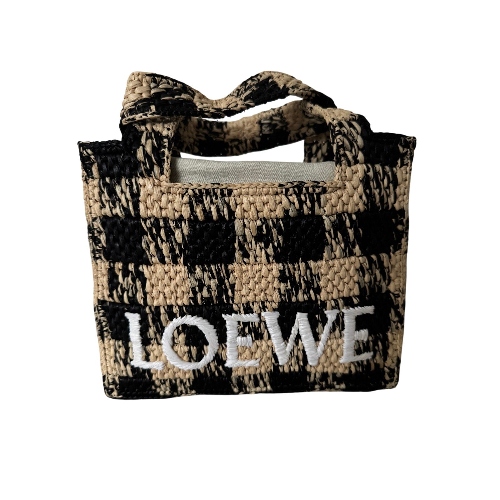 Loewe Paula’s Ibiza Mini Raffia Tote Bag with Leather Trim Embroidered Gingham Beige NWT