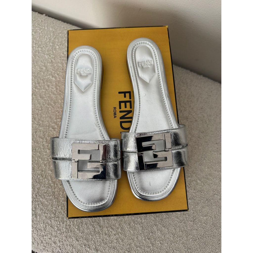 Fendi FFold Metallic Leather Sandals size 37.5 BNIB