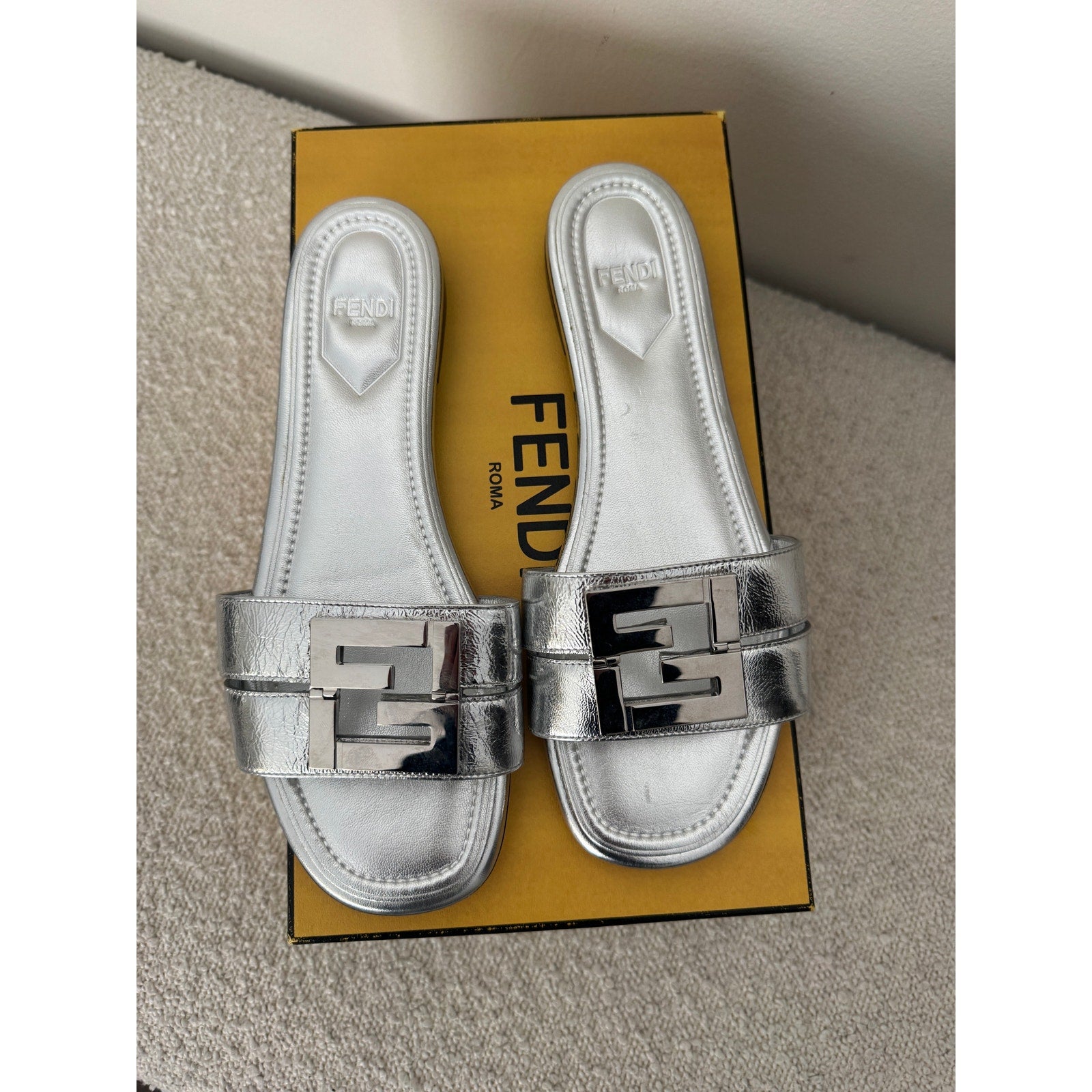 Fendi FFold Metallic Leather Sandals size 37.5 BNIB
