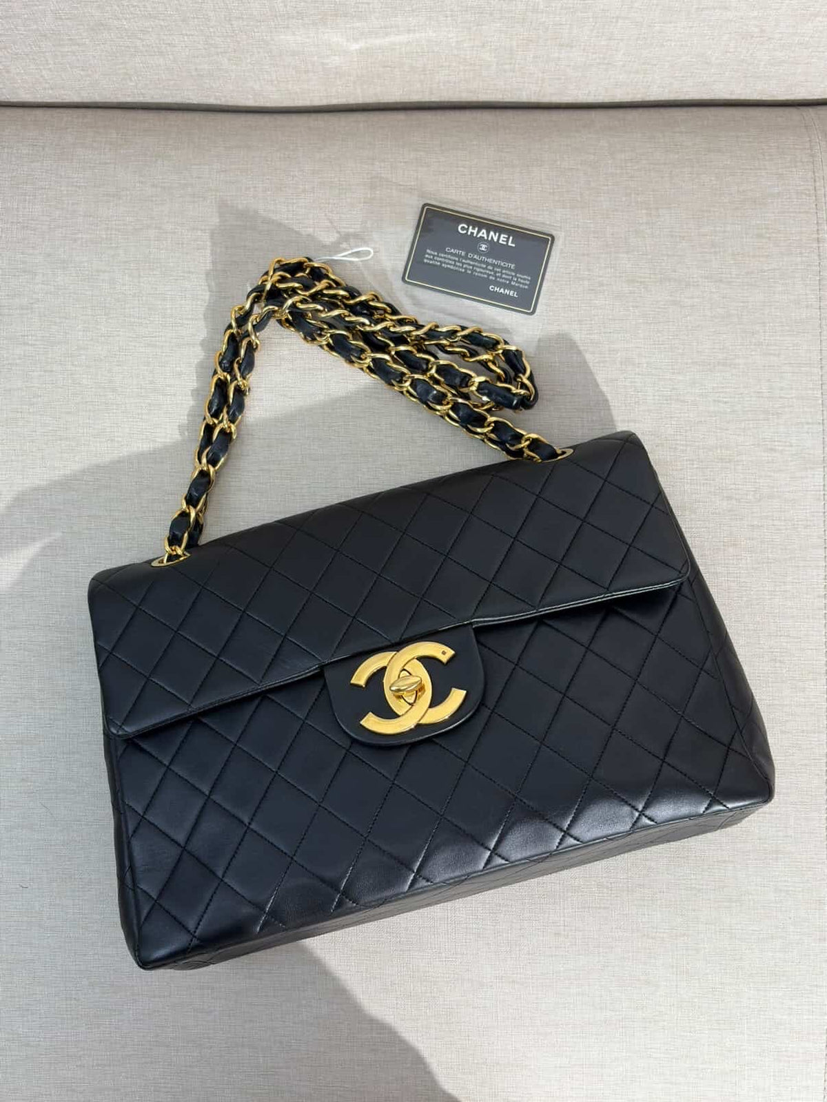 Chanel Maxi Flap Bag Black Quilted Leather 24K Gold Plated CC Vintage 1991-1994