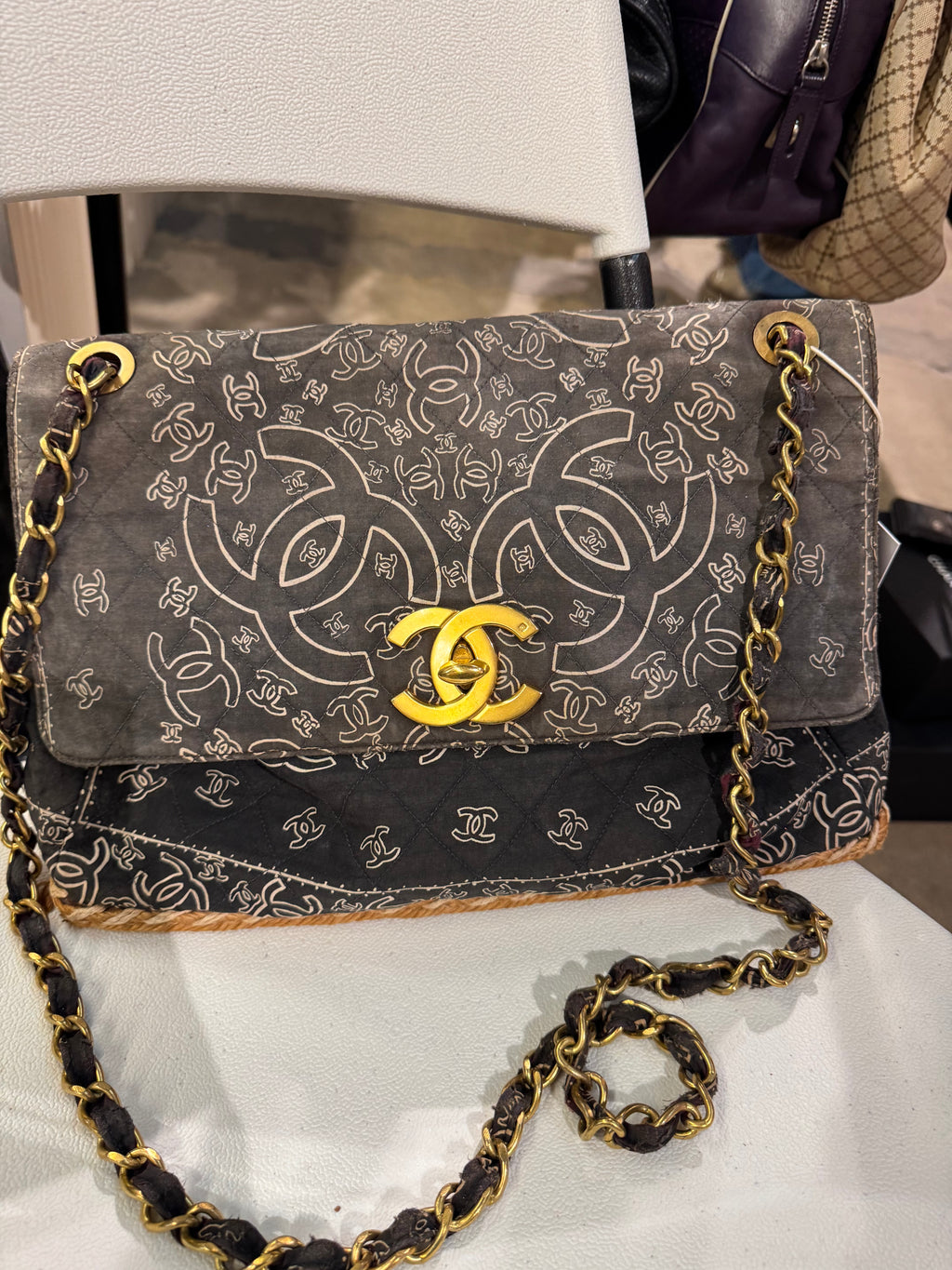 CHANEL 1990s Vintage Bandana Jumbo Flap Bag Black CC Logo 24K Gold Chain Rare