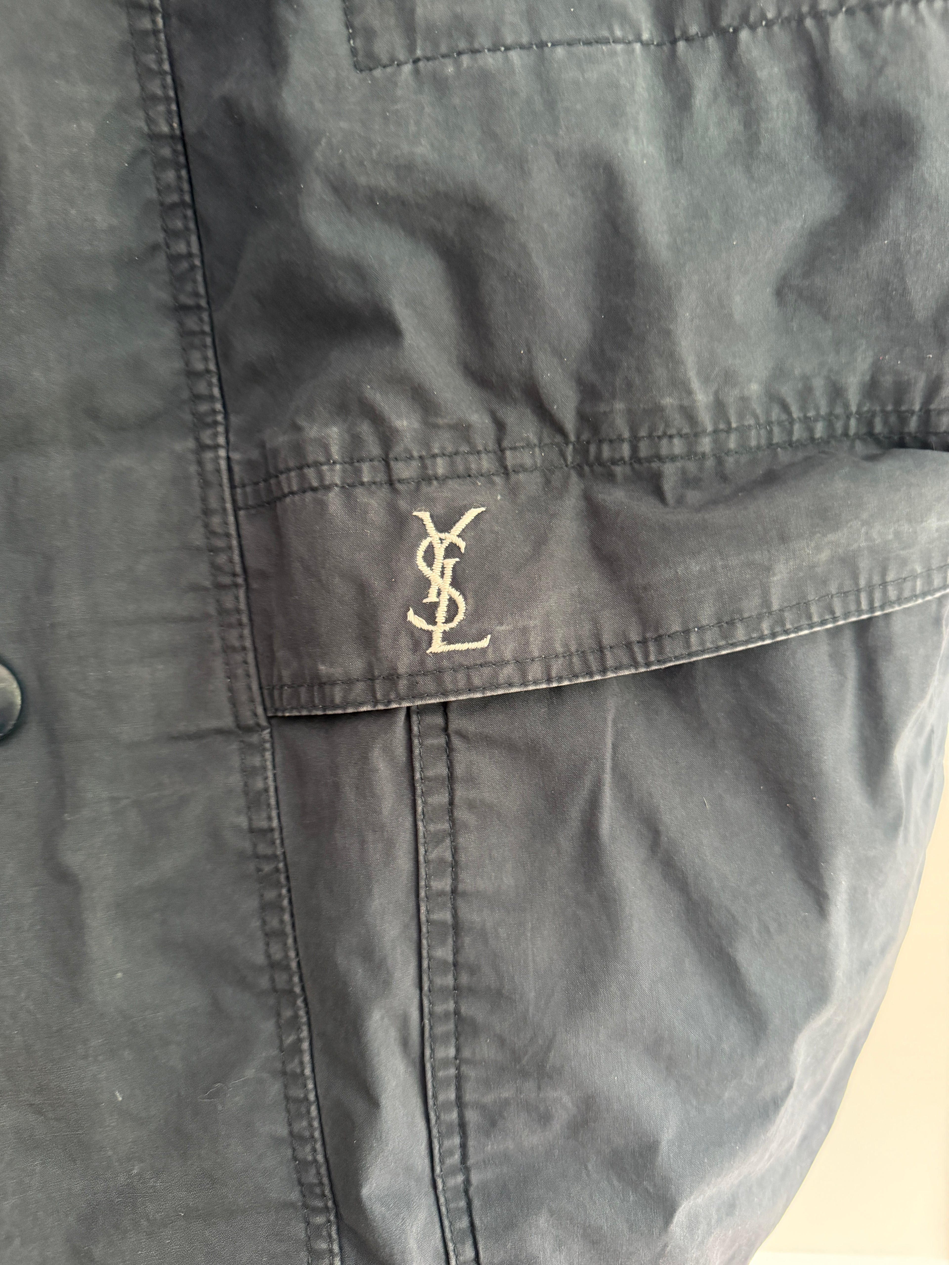 Yves Saint Laurent Vintage 90s Chino Blue YSL Logo Utility Windbreaker Jacket Gold Hardware Size 100 Oversized