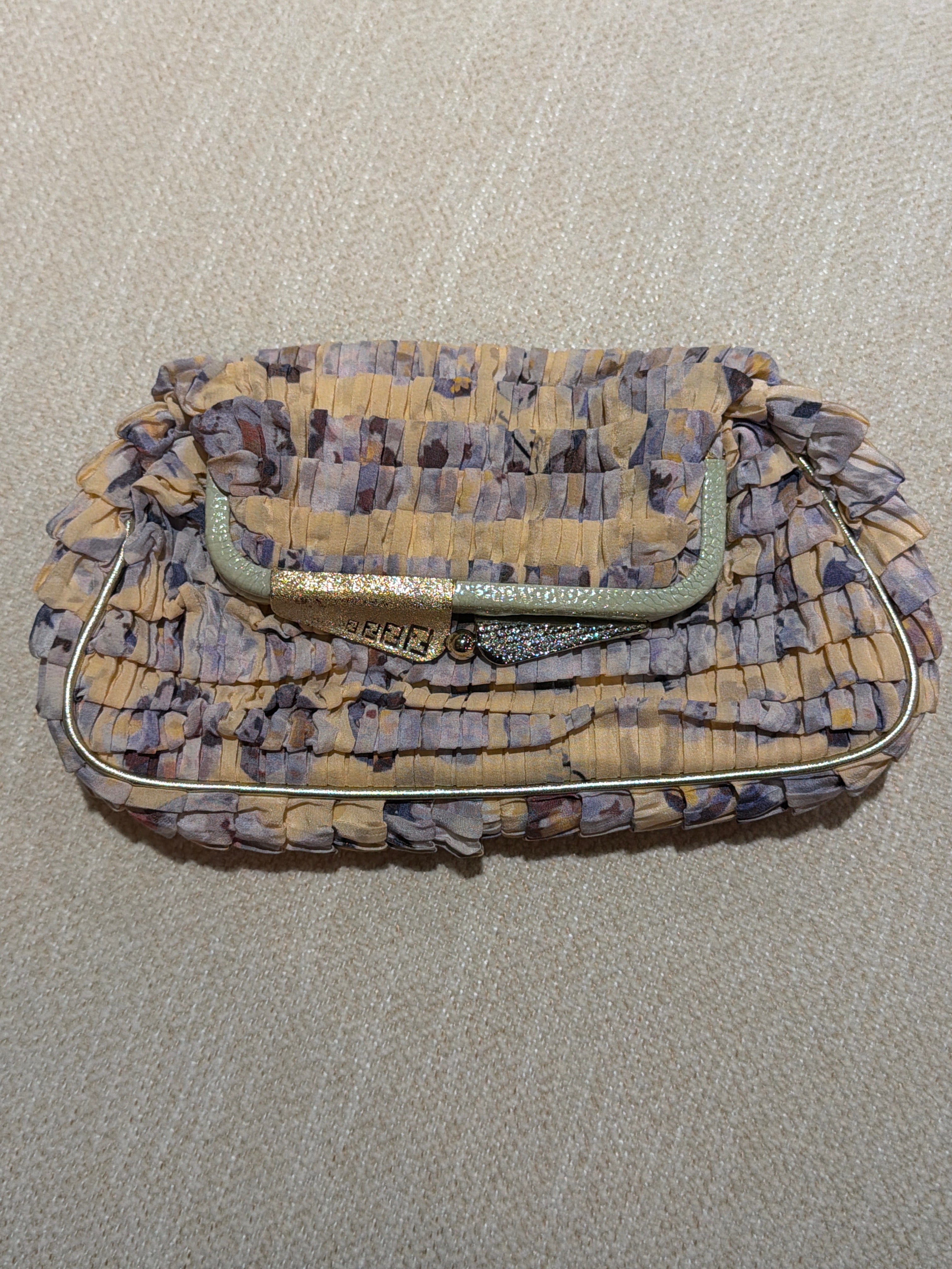 Fendi Multicolor Pleated Ruffle Pastel Silk Borderline Vintage Clutch Bag