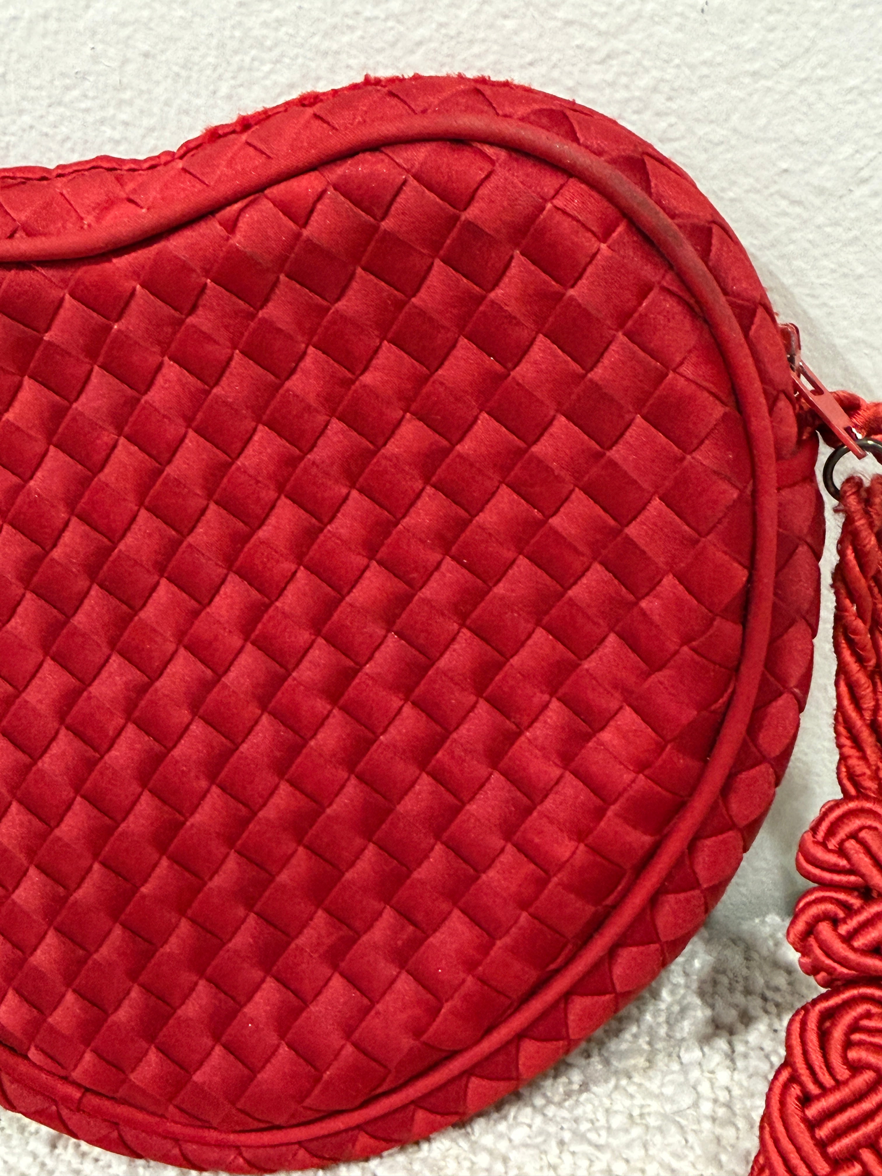 Bottega Veneta Rare Red Satin Heart Intrecciato Crossbody Bag