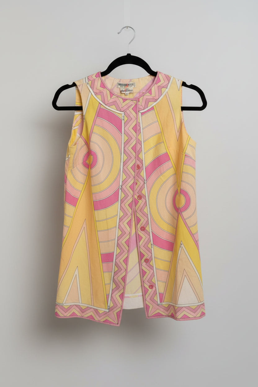 Emilio Pucci Cotton Poplin Sleeveless Tunic Top Pink Yellow Geometric Print Saks Fifth Avenue