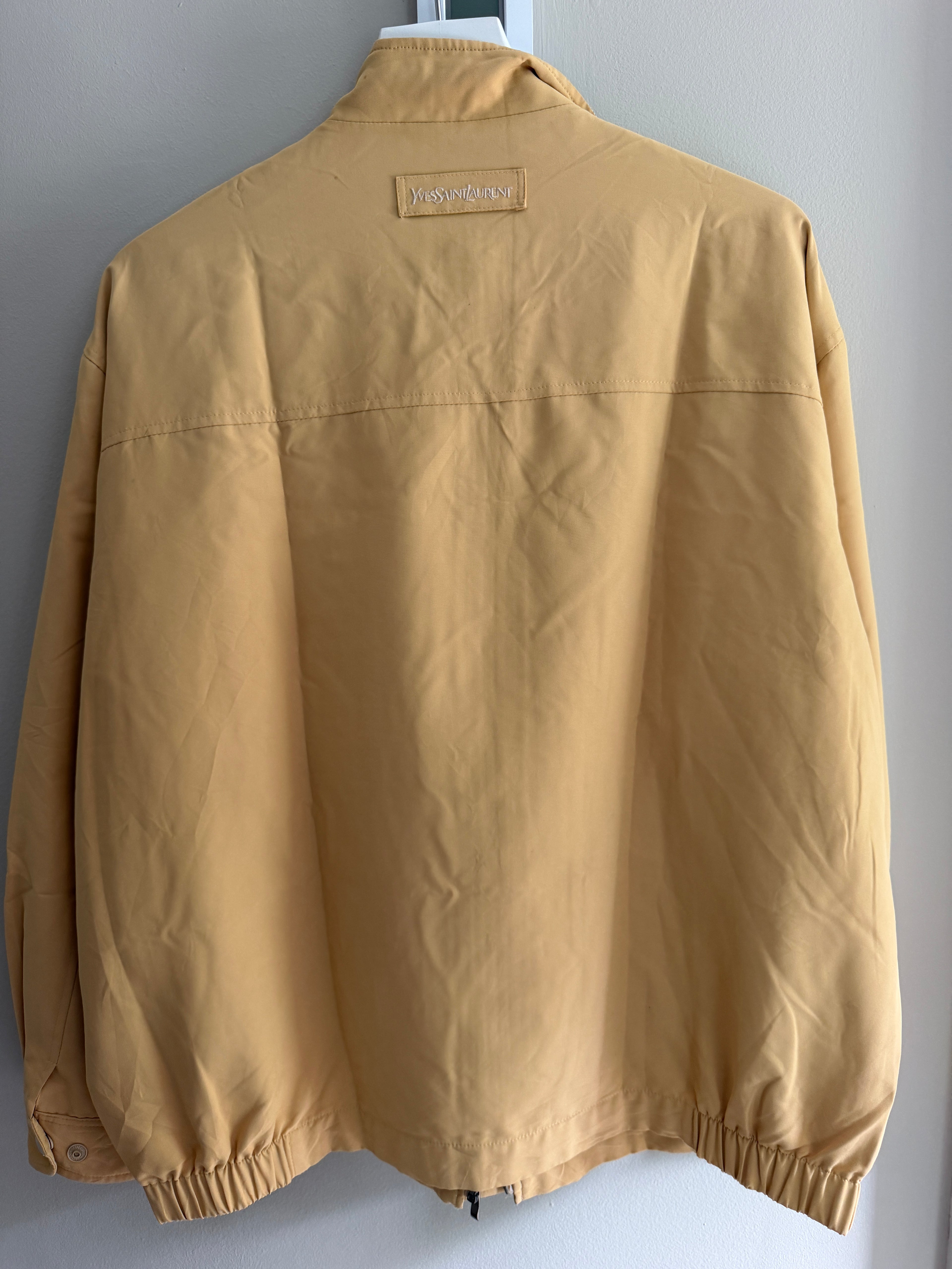 Yves Saint Laurent Vintage 90s Yellow YSL Logo Windbreaker Jacket White Logo Size 110 Oversized