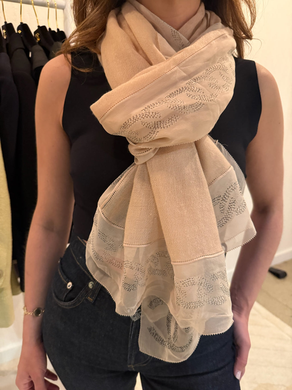 Chanel Cashmere CC Logo Scarf Pink Silver Metallic Lightweight Wrap