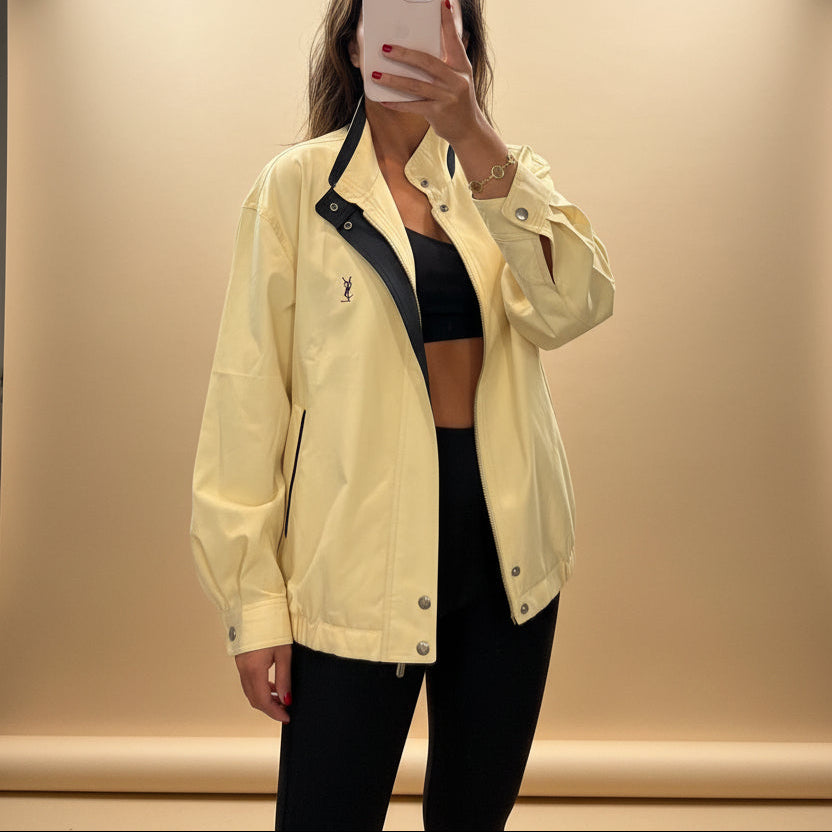 Yves Saint Laurent Vintage Butter Yellow Navy YSL Logo Bomber Windbreaker Jacket size 95