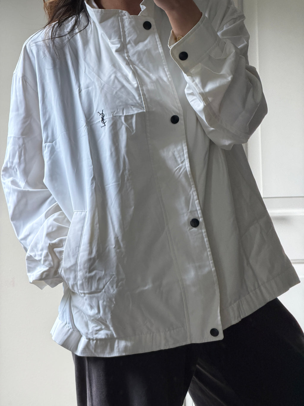 Saint Laurent White Windbreaker Jacket with Black YSL logo