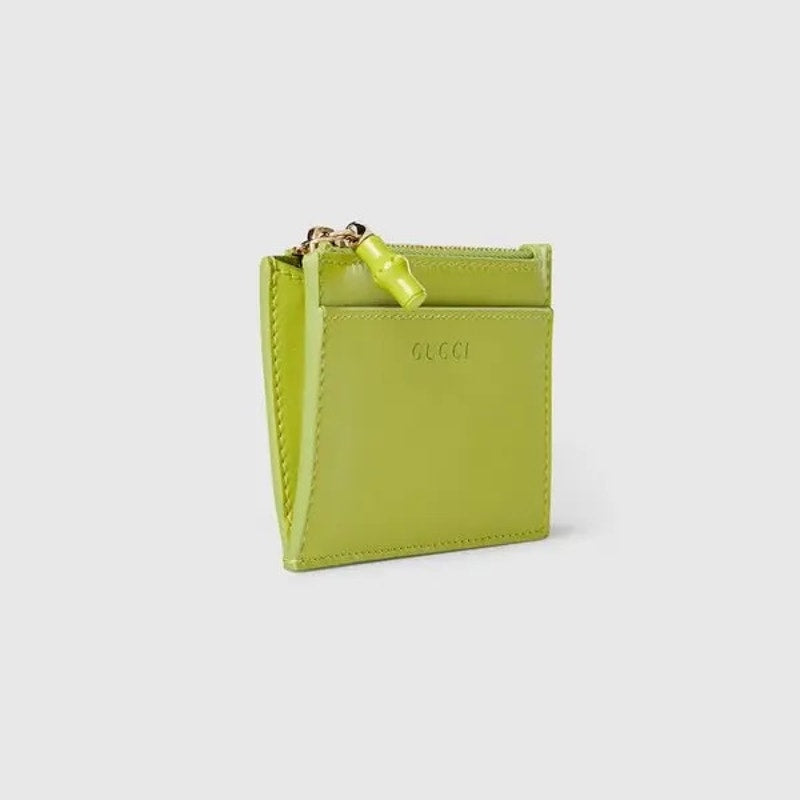 Gucci Bamboo Leather Card Case Green Zip Wallet BNIB