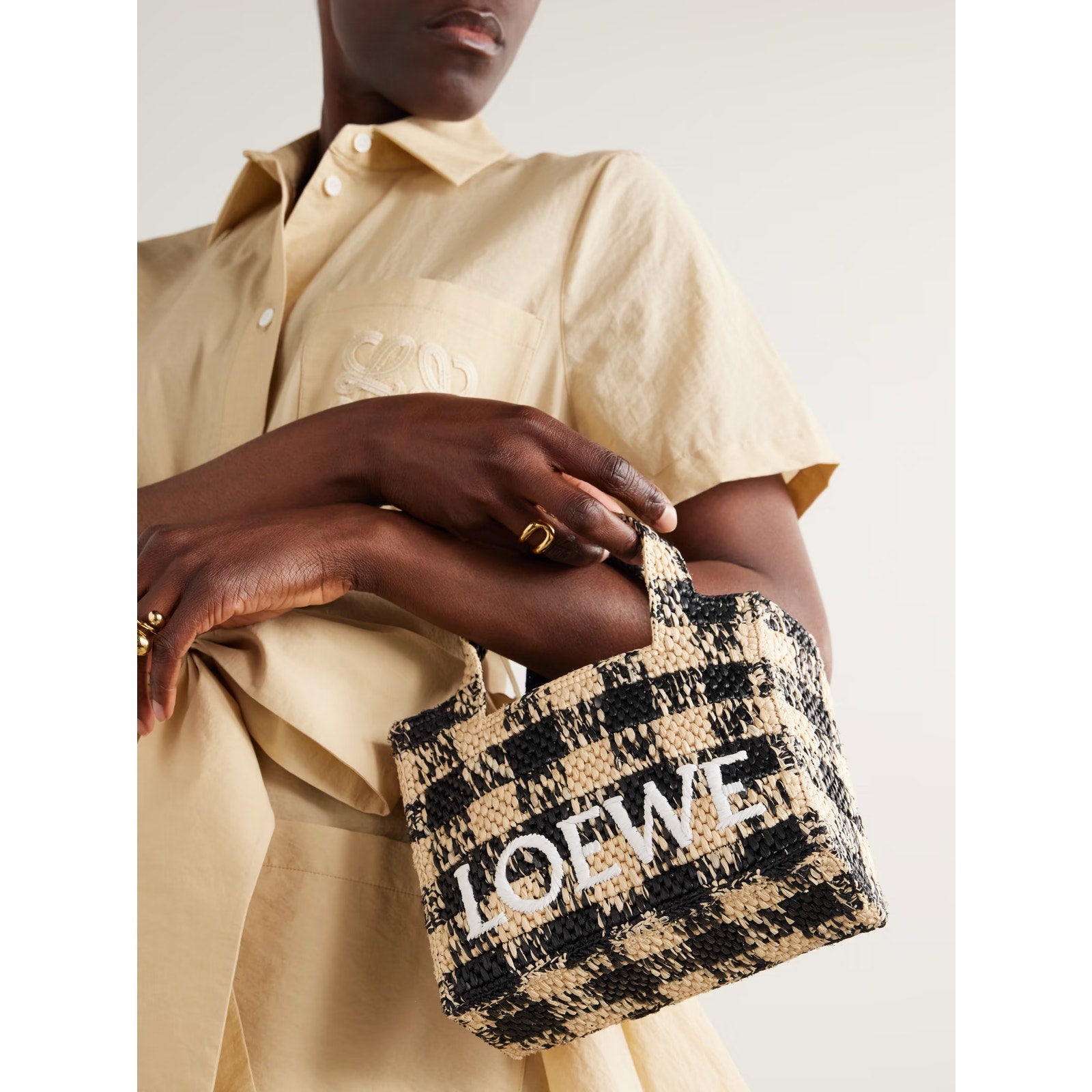 Loewe Paula’s Ibiza Mini Raffia Tote Bag with Leather Trim Embroidered Gingham Beige NWT