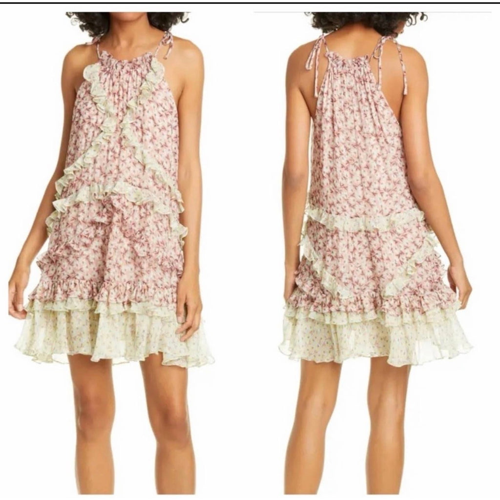 Rebecca Taylor Metallic Silk Halter Mini Dress XS Pink Ruffle Tent Dress NWT