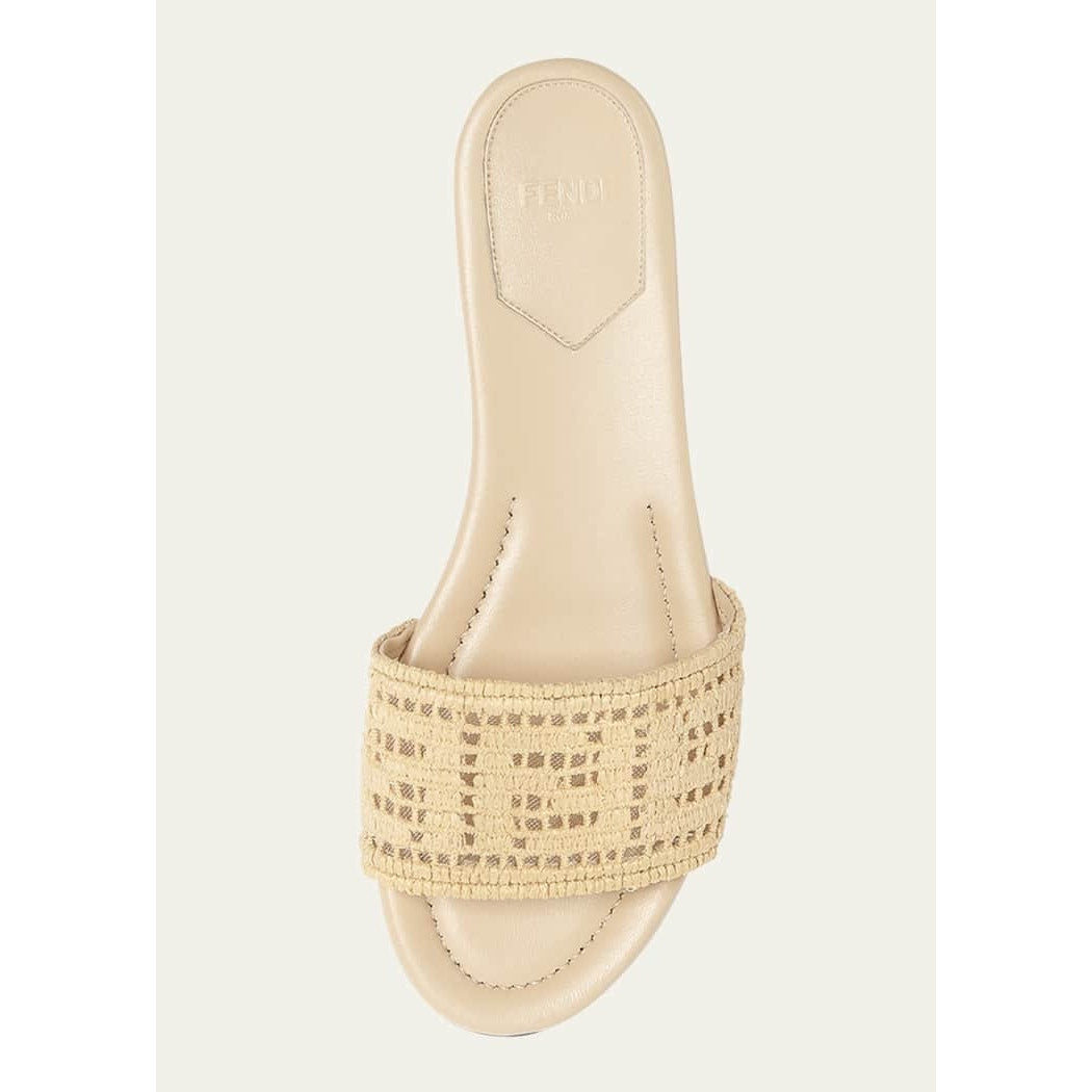 Fendi Sunshine FF Raffia Leather Slide Sandals BNIB Size 41