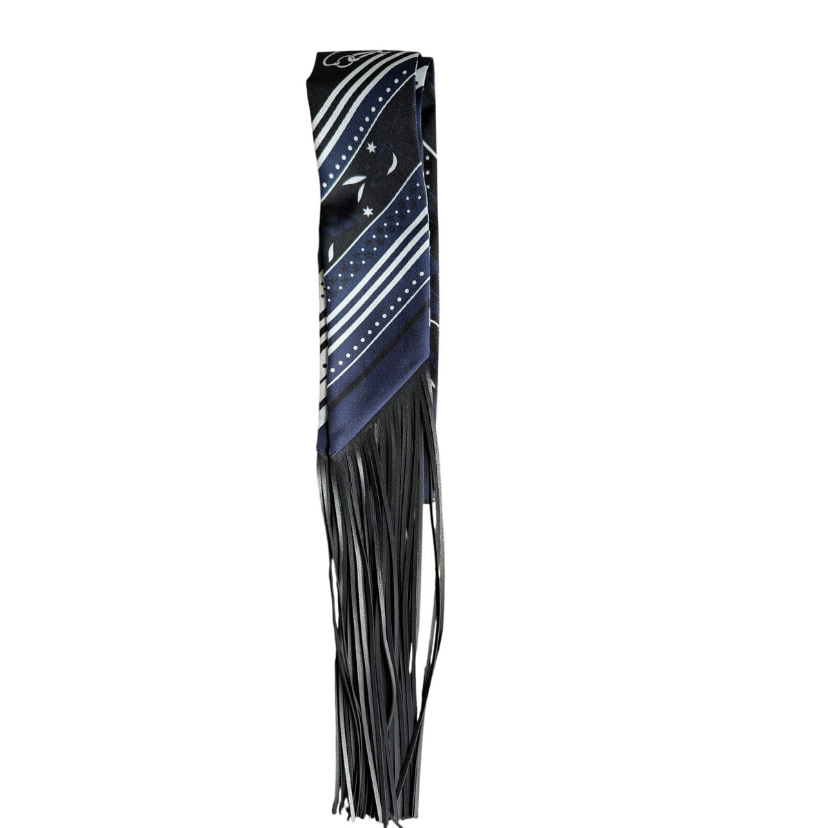 Hermès Festival des Amazones Fringed Silk Twilly Scarf Navy Black Leather Fringe NWT