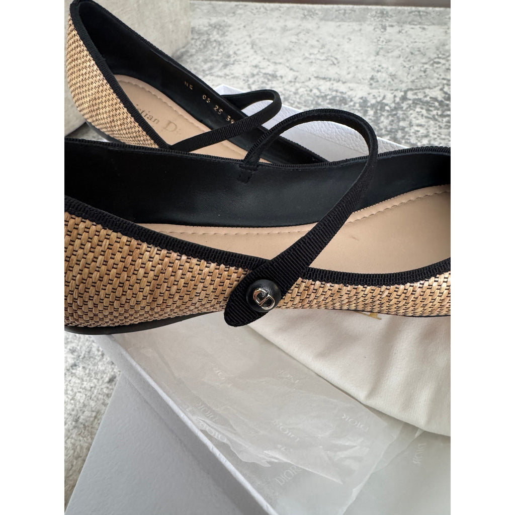 Christian Dior “Lovely-D” Raffia Mary Jane Ballet Flats 39.5 BNIB