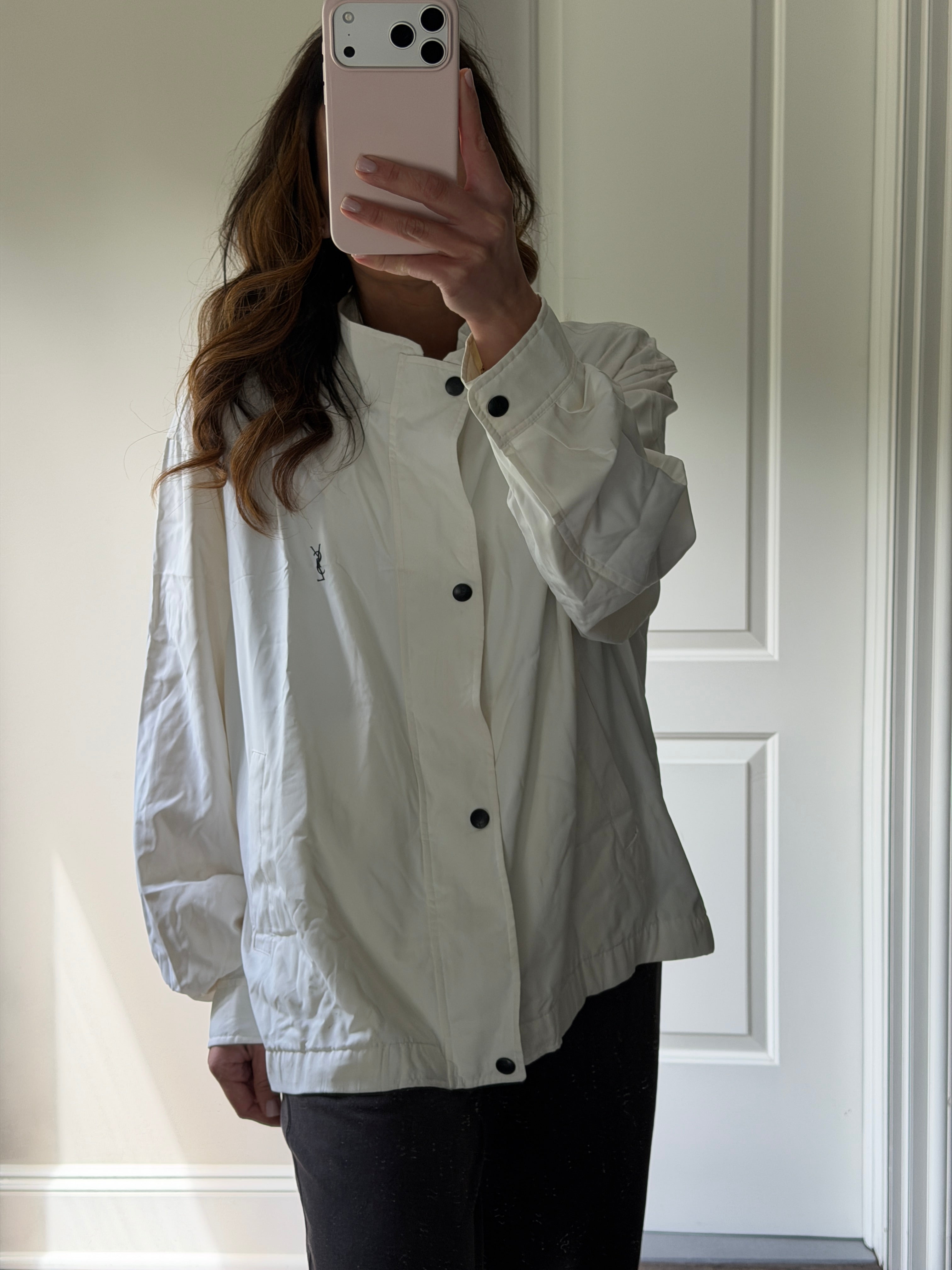 Saint Laurent White Windbreaker Jacket with Black YSL logo