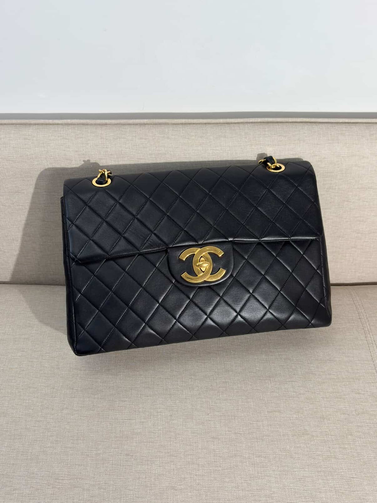 Chanel Maxi Flap Bag Black Quilted Leather 24K Gold Plated CC Vintage 1991-1994