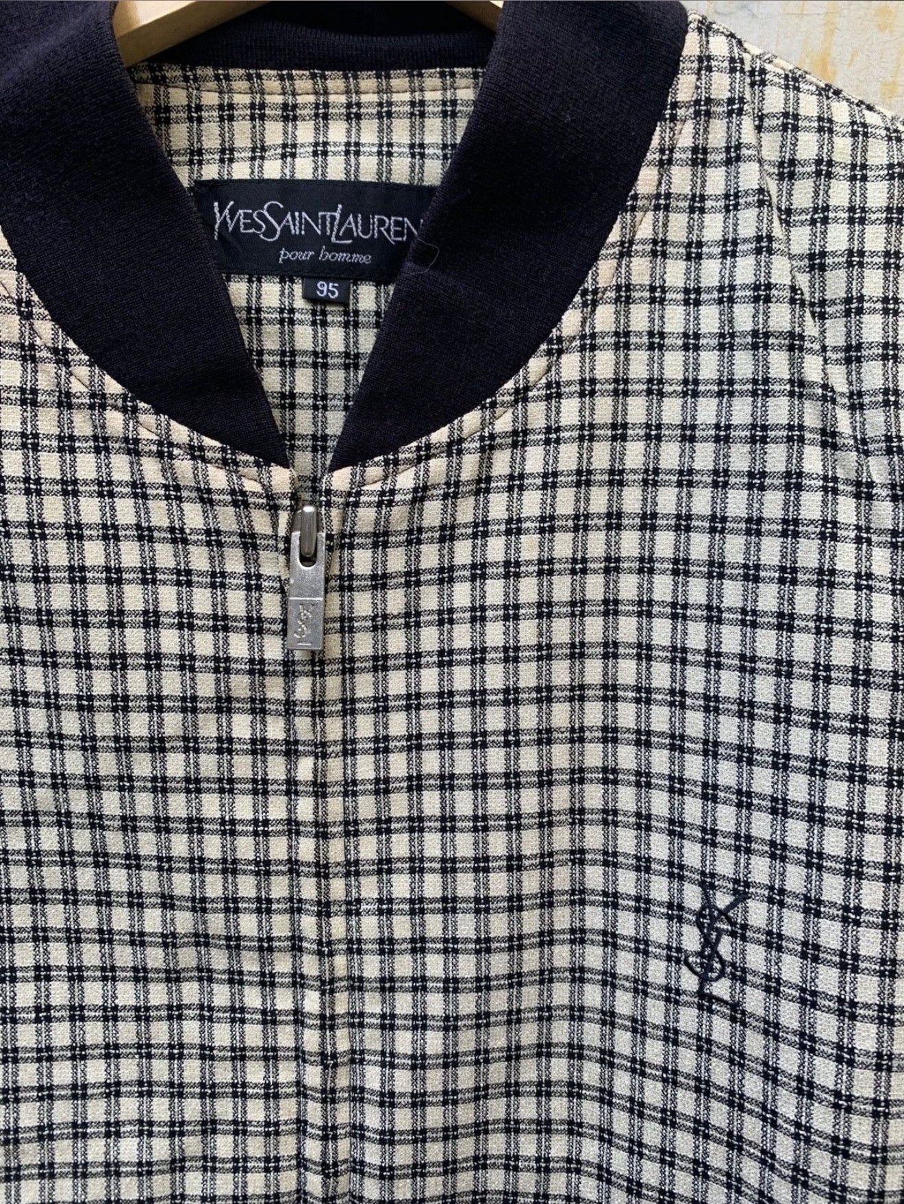 Yves Saint Laurent YSL Logo Check Bomber Jacket Black Cream