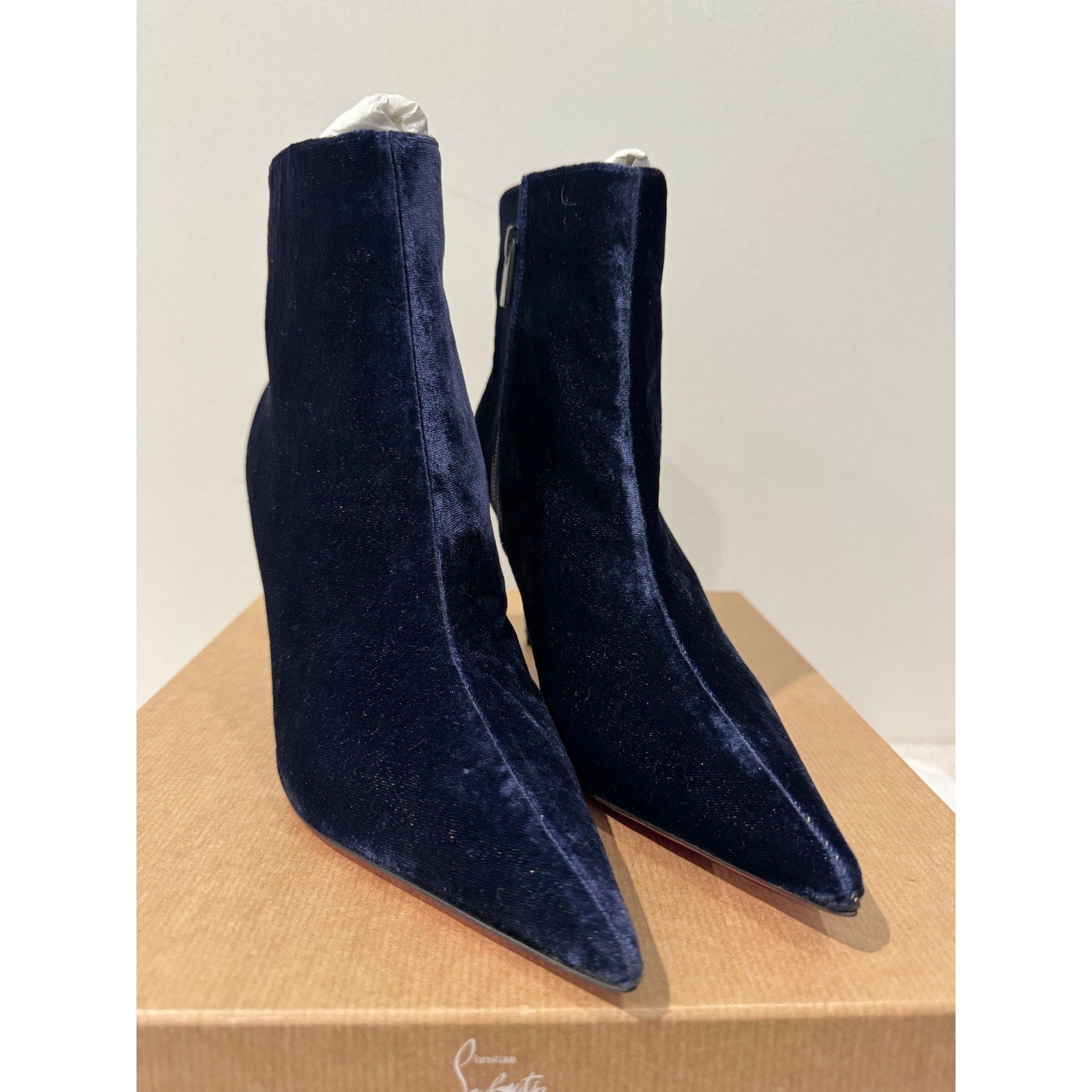 Christian Louboutin So Apostropha 80 Velvet Ankle Boots Marine Blue Size 38.5