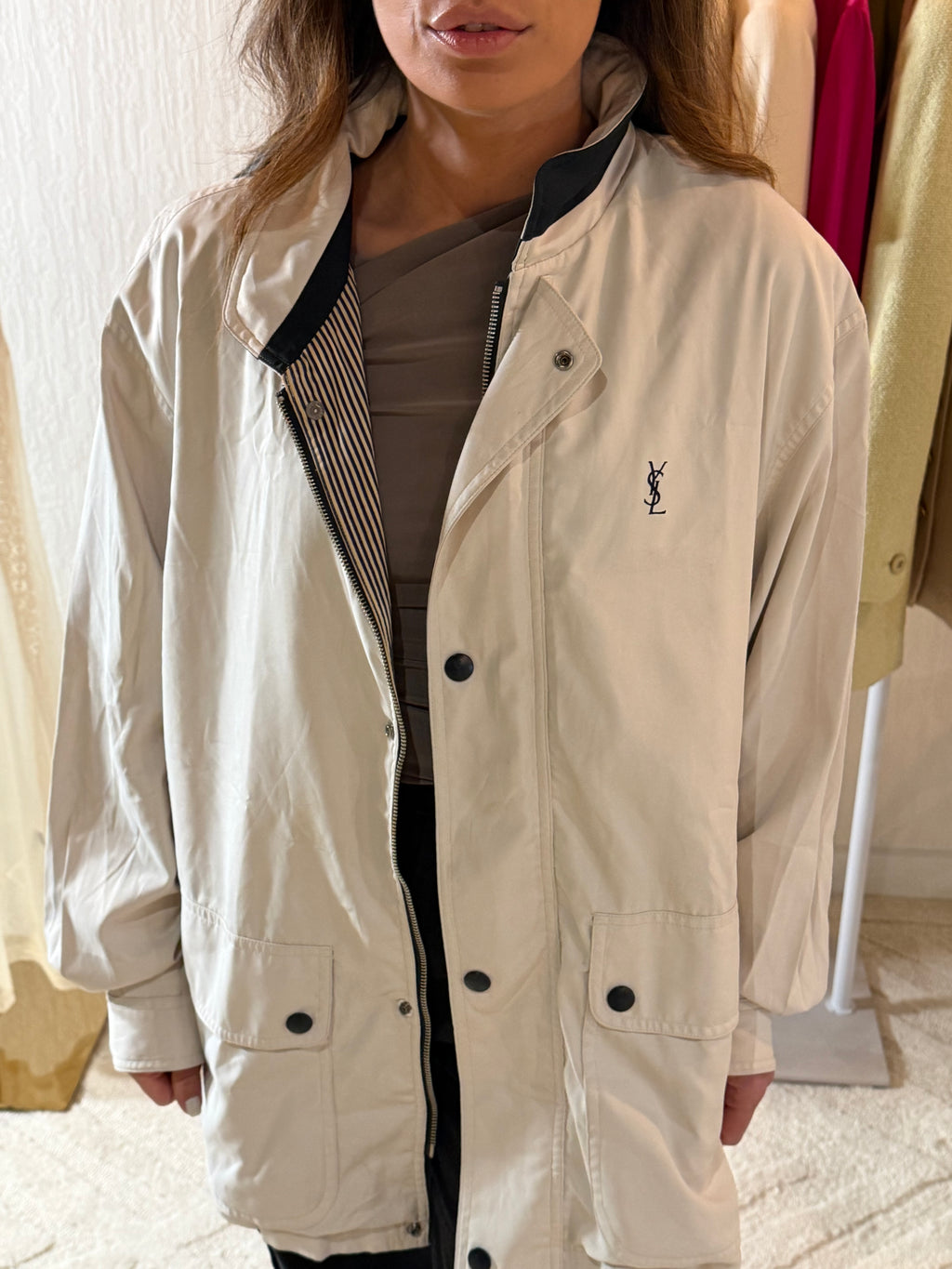 Saint Laurent Off White Double Pocket Windbreaker Jacket w/ Hood