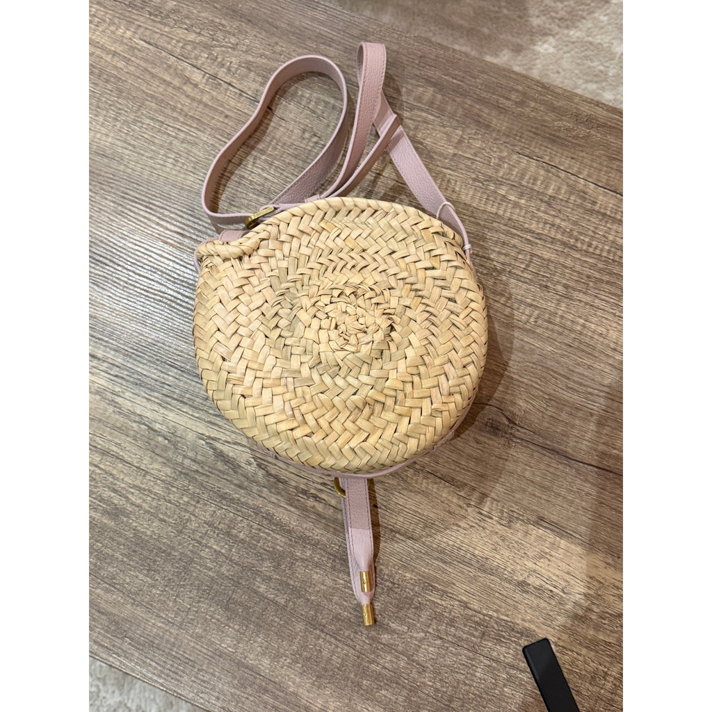 Chloé Marcie Pebbled Leather & Straw Crossbody Bag Pastel Pink Gold Hardware NWT