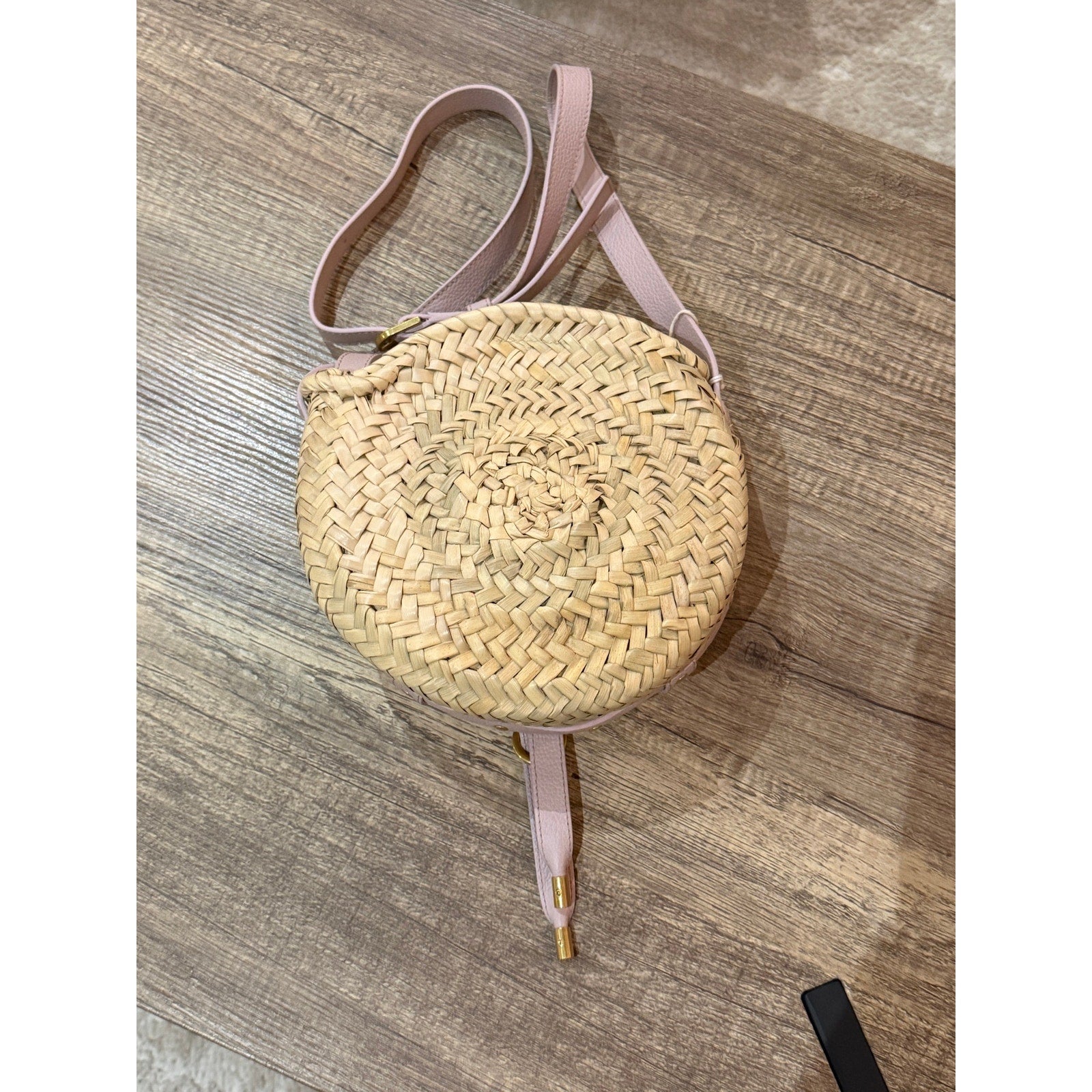 Chloé Marcie Pebbled Leather & Straw Crossbody Bag Pastel Pink Gold Hardware NWT