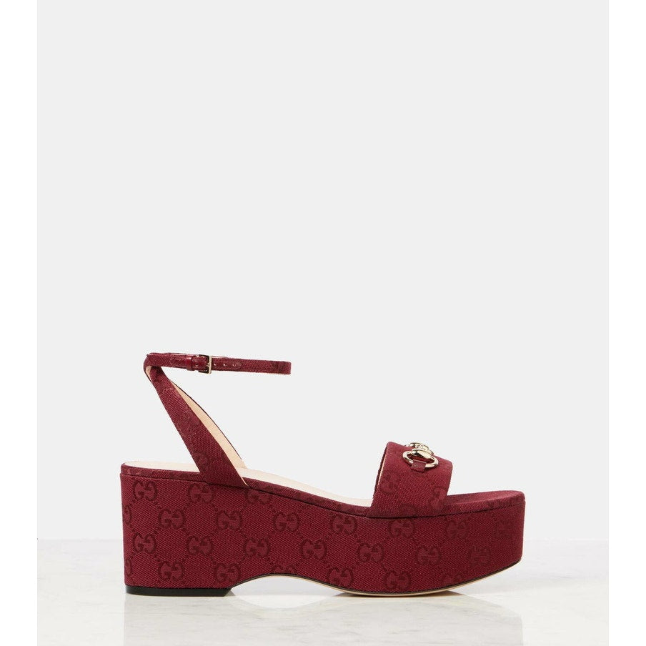 Gucci Lady Horsebit Burgundy GG Canvas Platform Wedge Sandals Size 39