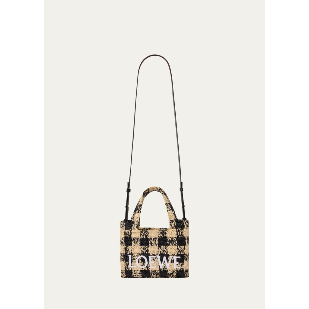 Loewe Paula’s Ibiza Mini Raffia Tote Bag with Leather Trim Embroidered Gingham Beige NWT