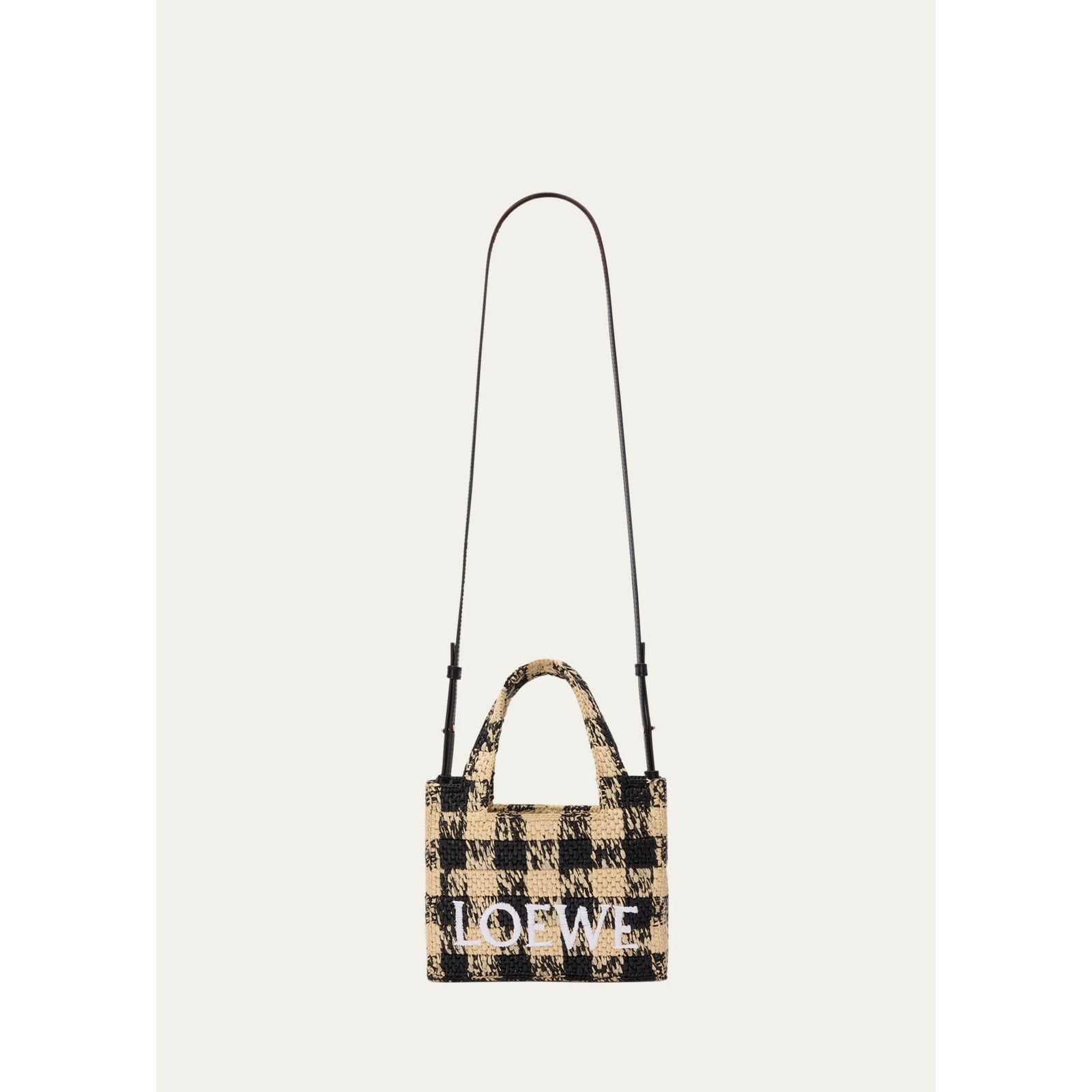Loewe Paula’s Ibiza Mini Raffia Tote Bag with Leather Trim Embroidered Gingham Beige NWT