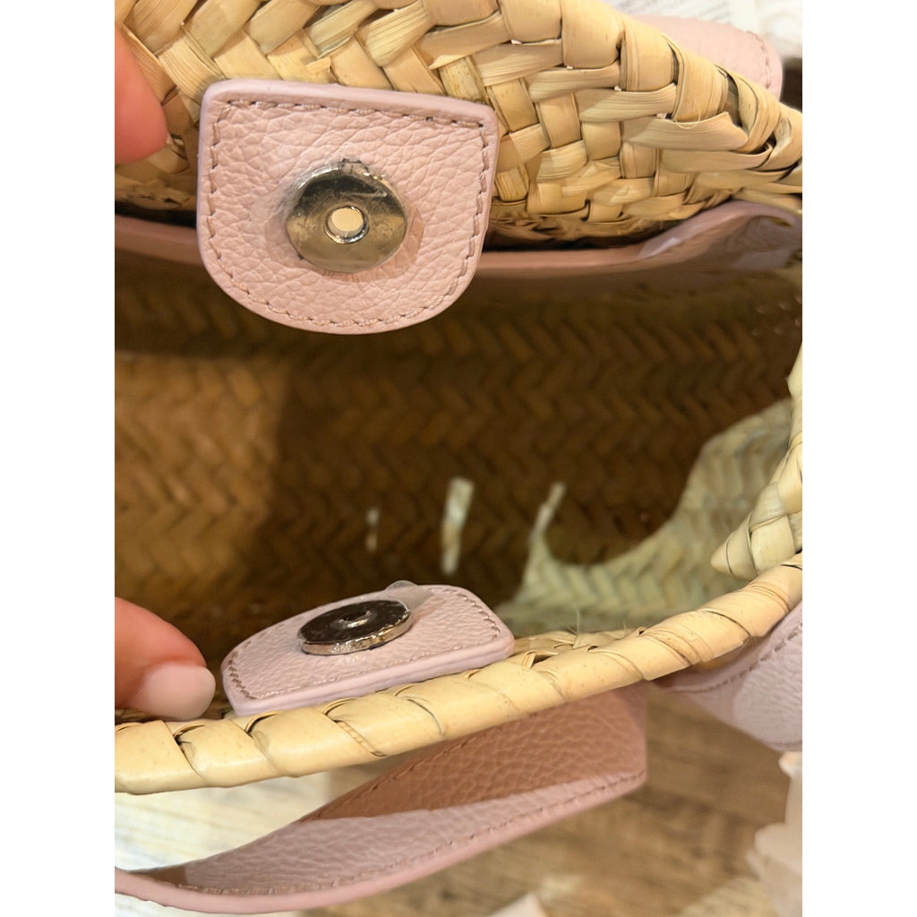 Chloé Marcie Pebbled Leather & Straw Crossbody Bag Pastel Pink Gold Hardware NWT
