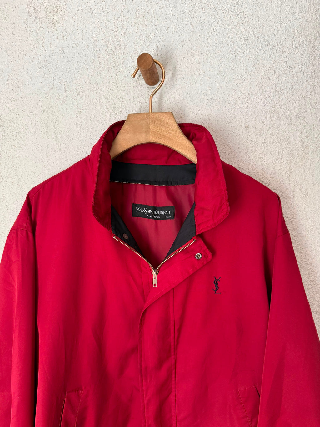 Yves Saint Laurent Vintage 90s Red YSL Logo Windbreaker Jacket Navy Logo Hidden Hood Size 100 Oversized
