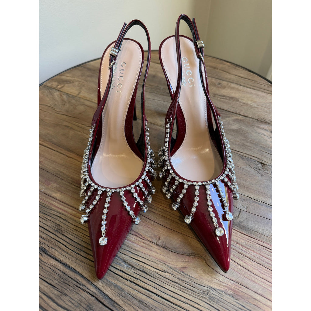 Gucci Guinevere Crystal Leather Slingback Stiletto Pumps NWT 37.5