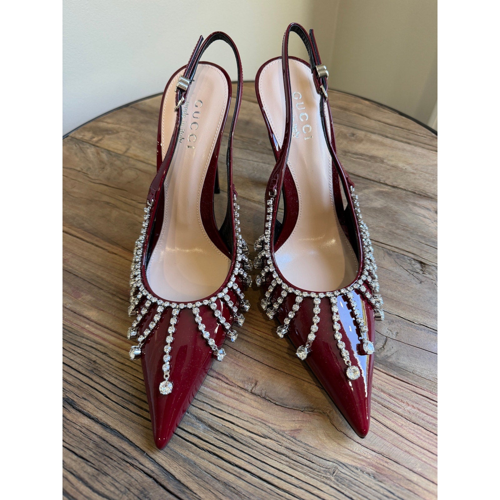 Gucci Guinevere Crystal Leather Slingback Stiletto Pumps NWT 37.5