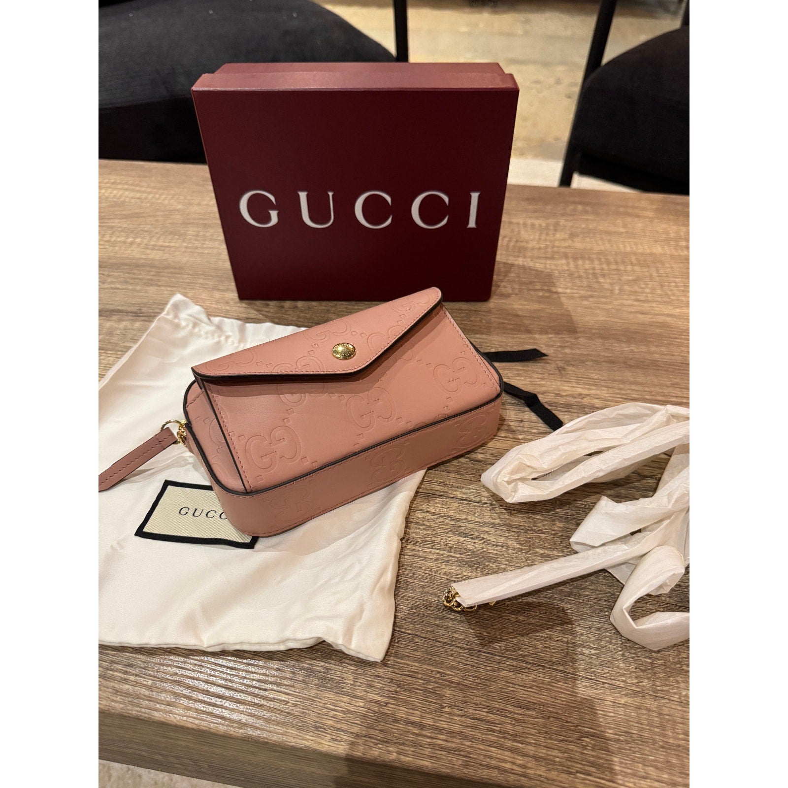 Gucci GG Super Mini Shoulder Bag Pink Leather with Chain Strap Brand BNIB