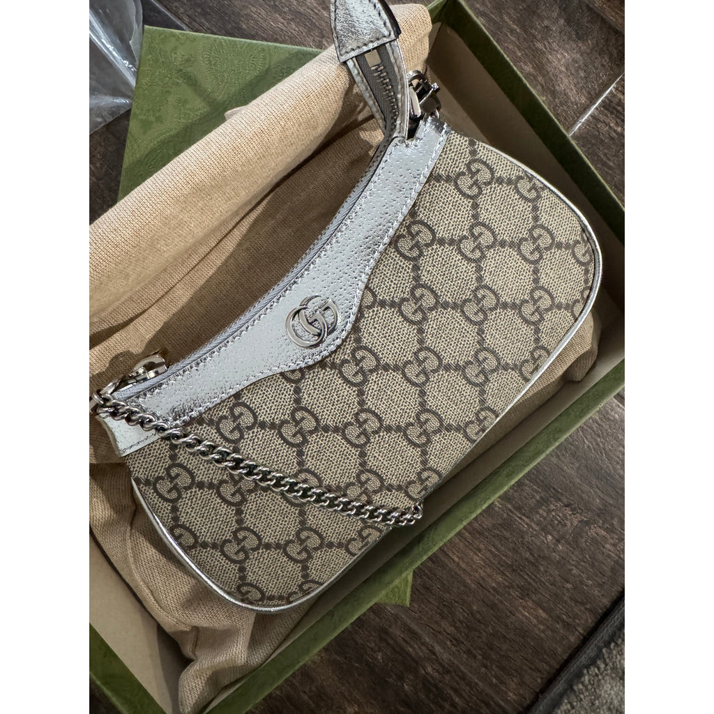 Gucci Ophidia Mini GG Canvas Shoulder Bag Beige Silver Leather Chain Strap BNIB
